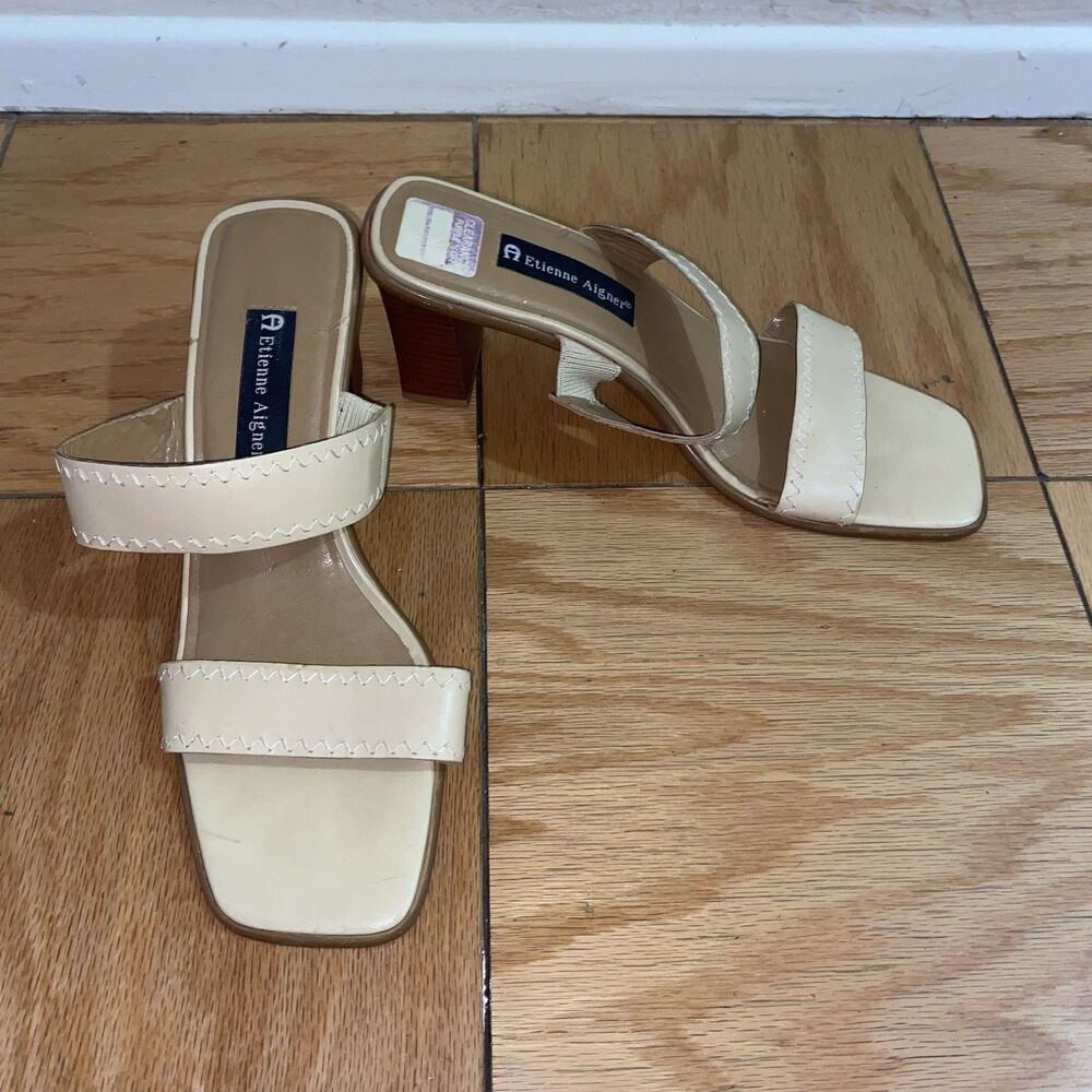 Etienne Aigner Sandals Womens 9M Leather Expo Slide Heels Slip On Tan